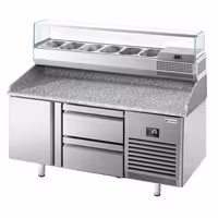 Table réfrigérée à pizza Premium PLUS - 1490x700 mm - avec 1 porte & 2 tiroirs - incl. vitrine réfrigérée - 6x GN 1/4