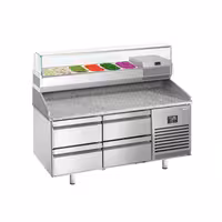 Table réfrigérée à pizza Premium PLUS - 1490x700 mm - avec 4 tiroirs - incl. vitrine réfrigérée - 6x GN 1/4