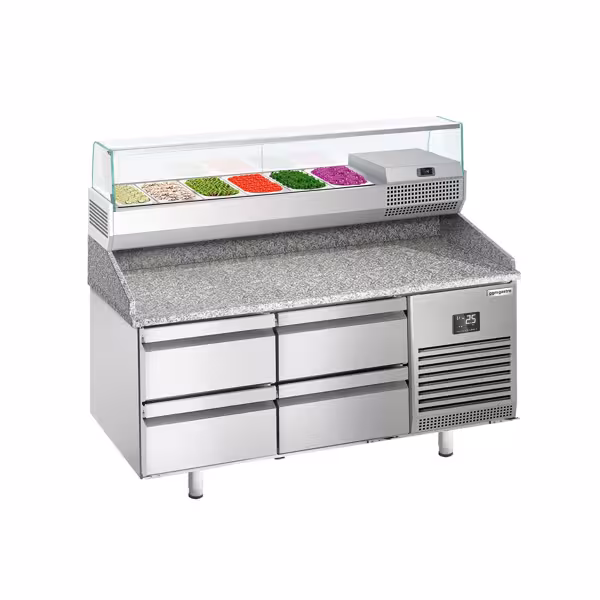 Profesionāls Picas galds PREMIUM PLUS - 1490x700 mm - ar 4 atvilktnēm - ar granīta darba virsmu - ar augšējo aukstuma vitrīnu - 6x GN 1/4