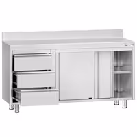 خزانة قاعدية ستانلس ستيل KOPENHAGEN ECO - 1400x700mm - وحدة أدراج 3 يسار، و2 أبواب منزلقة - مع حاجز خلفي