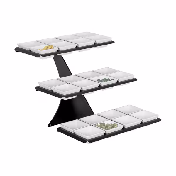 Etagere / Buffet Stand - Black - square - Height: 420mm - incl. 24 Melamine bowls 100x100mm - with 3 shelves - Powder-coated stainless steel & Melamine