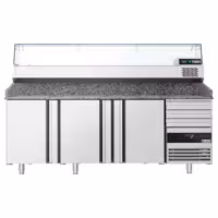 Stół chłodniczy do pizzy PREMIUM - 2150x800mm - z blatem granitowym - 3‑drzwiowy, 3 szuflady - z nadstawką chłodniczą z osłoną szklaną - 10x GN 1/3