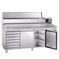Stół chłodniczy do pizzy PREMIUM - 2025x800mm - z blatem granitowym - 2‑drzwiowy, 7 szuflad - z nadstawką chłodniczą z osłoną szklaną z oświetleniem LED - 10x GN 1/4