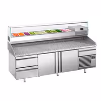 Table réfrigérée à pizza Premium PLUS - 2305x800 mm - avec 2 portes & 3 tiroirs - incl. vitrine réfrigérée pour ingrédients - 11x GN 1/4