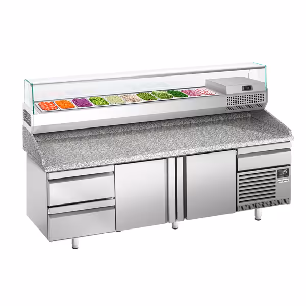 Pitsa külmtöölaud PREMIUM PLUS - 2305x800 mm - graniidist tööpinnaga - koos 2 uksega ja 2 sahtliga - koos külmvitriiniga - 11x GN 1/4