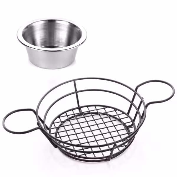 (15 pcs) Serving Basket - SNACKHOLDER - Stainless Steel - Round - Ø210mm - with Dip Cups