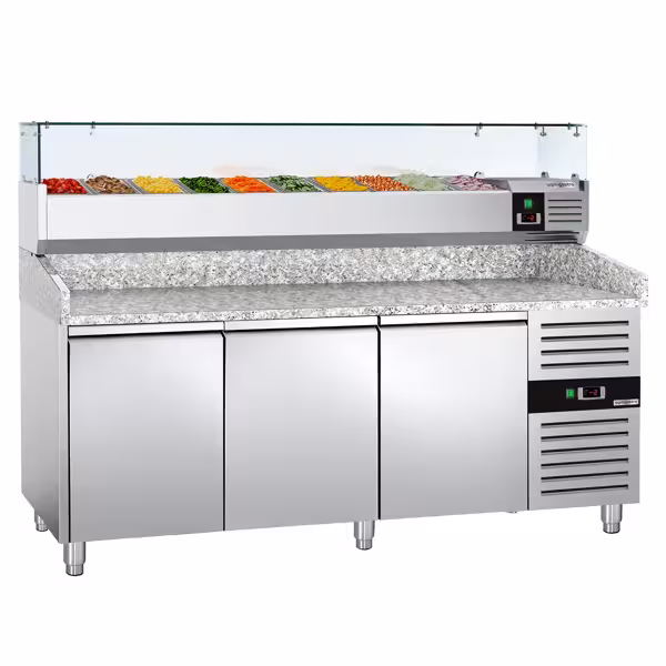 Stół chłodniczy do pizzy ECO - 2025x800mm - z 3 drzwiami - włącznie z witryną chłodniczą nadstawną - 10x GN 1/4