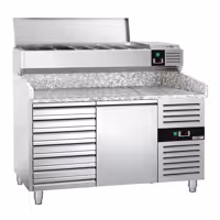 Stół chłodniczy do pizzy PREMIUM - 1500x800mm - z blatem granitowym - 1‑drzwiowy, 7 szuflad - z nadstawką chłodniczą - 6x GN 1/3