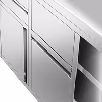 Rozsdamentes acél munkaszekrény - 1600x600 mm, 2 fiókos – bal oldali fiókblokk, 2 ajtós – hátsó felhajtással