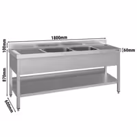 Stainless Steel Commercial Sink Unit ECO - 1800x600mm - with Double Bowl Centre - with Undershelf - with Upstand