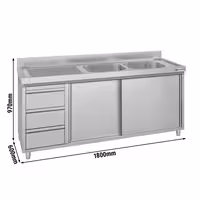 ECO ormarić za sudoper – 1800 x 600 mm – s 3 ladice i 2 sudopera na desnoj strani