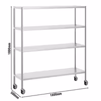 رفوف ستانلس ستيل PREMIUM - 1600x500mm - عمق: 500 mm - 4 رفوف (قابلة للتعديل) - يشمل 4 عجلات - الحمولة: 320 kg