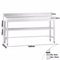 Commercial Stainless Steel Centre Table PREMIUM - 1800x700mm - with Undershelf - with Rear Upstand - with Additional Undershelf (mid-shelf) - with Cross Bracing