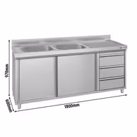 ECO ormarić za sudoper – 1800 x 600 mm – s 3 ladice i 2 sudopera na lijevoj strani