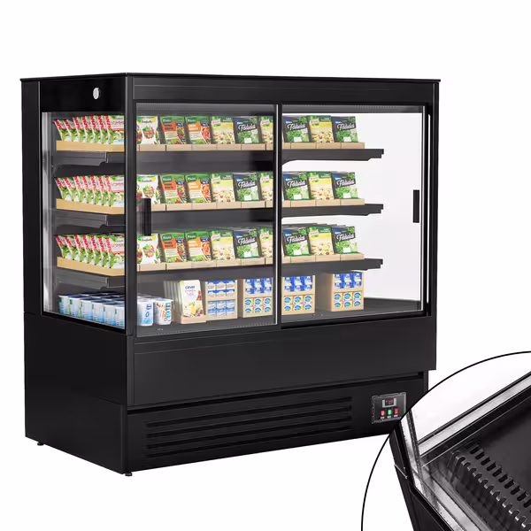 Commercial multideck display fridge - 1520mm - 493L - with 2 double‑glazed sliding doors & 3 shelves - Black
