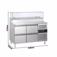 Stół przygotowawczy PREMIUM – 1360 mm – z 4 szufladami – z nadstawką szklaną na 7x GN 1/3