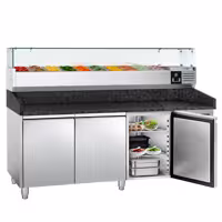 Table réfrigérée à pizza PREMIUM - 2000 x 800 mm - avec 3 portes - incl. vitrine réfrigérée - 10 x GN 1/4