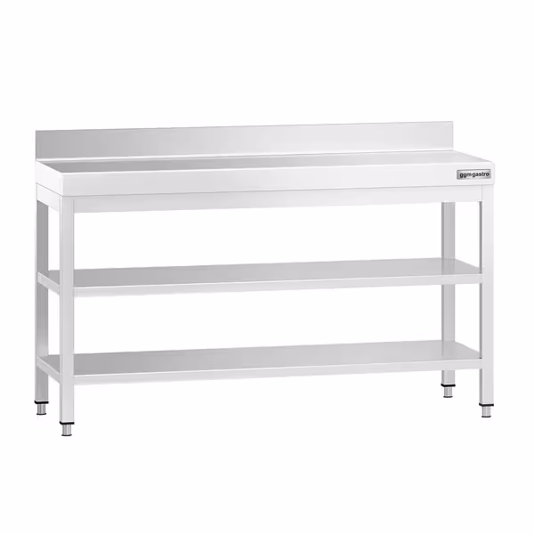 طاولة عمل ستانلس ستيل PREMIUM - 1500x800mm - مع رف سفلي & حاجز خلفي & رف وسطي & تدعيم
