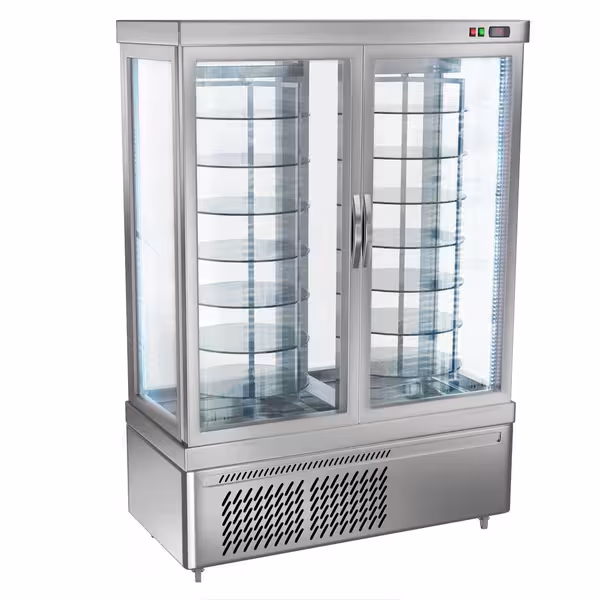 4-Sided Glass Display Fridge - 935L - 1320mm - with 14 rotating shelves - 2 doors - Silver