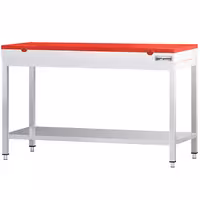 Nerūsējošā tērauda darba galds PREMIUM - 1400x700 mm - ar apakšējo plauktu - iekļauts griešanas dēlis sarkans