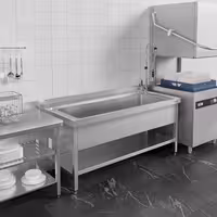 Grovdiskbänk i rostfritt stål ECO - 1400x600 mm - med underhylla - 1 ho mitten - extra djup ho - med stänkskydd