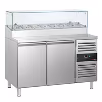 Stół przygotowawczy PREMIUM – 1360 mm – z 2 drzwiami – z nadstawką szklaną na 7x GN 1/3