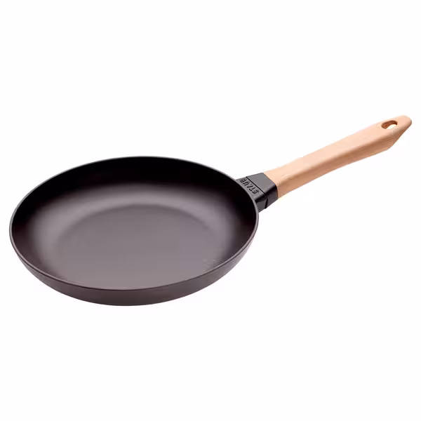 STAUB| Round Bare Cast Iron Frying Pan, Wooden Handle – Smooth Base - Black, No Pour Spout