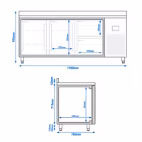 Külmtöölaud PREMIUM PLUS - 1960x700 mm - 465 l - ventileeritud jahutus - koos 2 uksega - Tagaserv - roostevabast terasest tööpind, tagaservaga