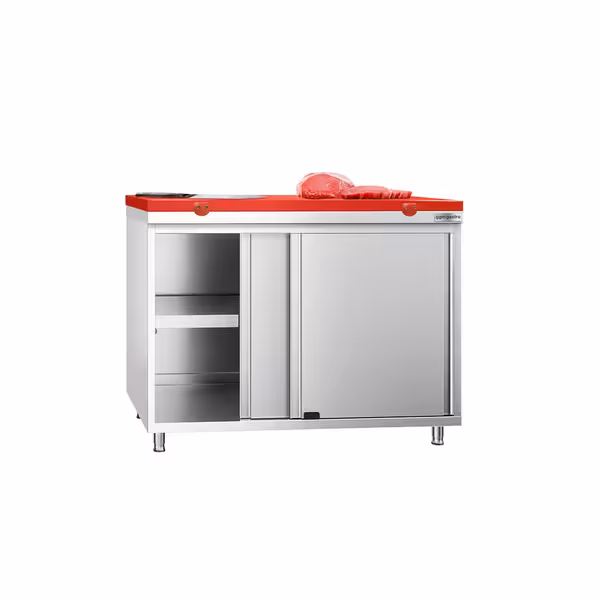 Arbetskåp i rostfritt stål PREMIUM - 1000x700 mm - med 2 skjutdörrar - inkl. skärbräda röd