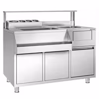 Koktel stanica - inox - 1200x720 mm - s 2 ladice, sudoper desno, 8 GN spremnika (1x 2/3, 1x 1/4, 2x 1/6, 4x 1/9) & higijenska zaštita i šipka za čuvanje boca