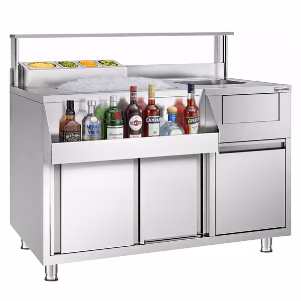 Koktélpult - Rozsdamentes acél - 1200x720 mm - 2 tolóajtó; 1 medence jobb oldalon; 4 GN 1/6; Beépített nyílás csaptelephez; Emelt tető 4 GN 1/6 számára; Állítható lábak