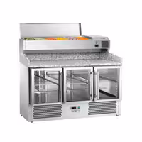 Pizzakylbänk ECO - 1400x700 mm - 3 glasdörrar - inkl. kylränna - 6x GN 1/4