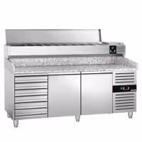 Stół chłodniczy do pizzy PREMIUM - 2025x800mm - z blatem granitowym - 2‑drzwiowy, 7 szuflad - z nadstawką chłodniczą z osłoną szklaną z oświetleniem LED - 9x GN 1/3