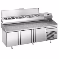 Stół chłodniczy do pizzy Premium PLUS – 2305 x 800 mm – z 3 drzwiami i 1 szufladą – wraz z witryną chłodniczą – 11 pojemników GN 1/4