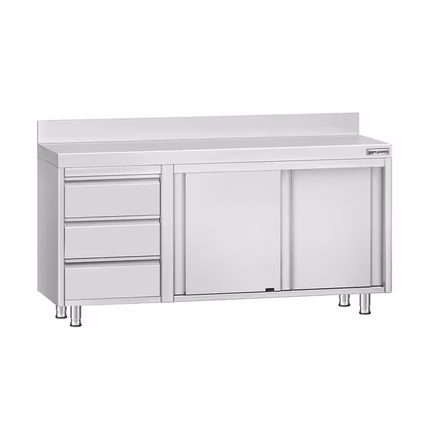 خزانة قاعدية ستانلس ستيل KOPENHAGEN ECO - 1600x600mm - أبواب منزلقة و وحدة أدراج 3 يسار - مع حاجز خلفي