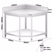 طاولة عمل ستانلس ستيل زاوية PREMIUM - 1150x800mm - مع رف سفلي & حاجز خلفي & تدعيم