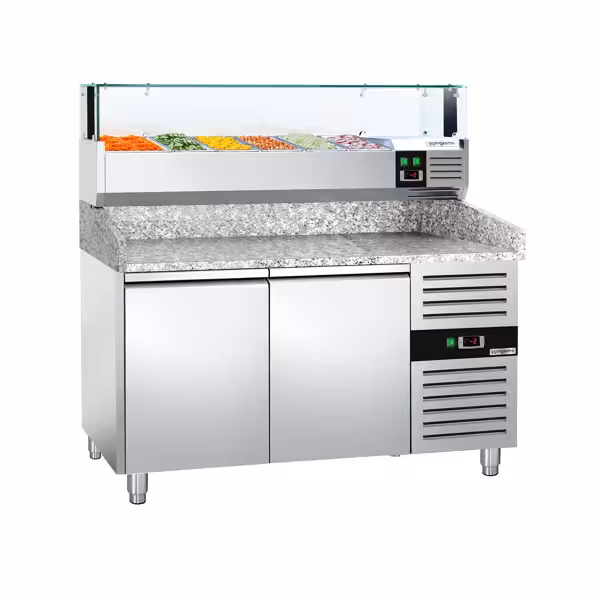 Stół chłodniczy do pizzy ECO – 1500 x 800 mm – z 2 drzwiami – z witryną nadstawną chłodniczą LED na 5x GN 1/3 + 1x GN 1/2