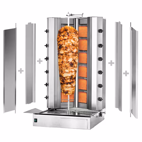 Gas Doner Kebab Grill (Shawarma/Gyros) - 6+6 Burner - up to 150kg - 39kW - Countertop - incl. 2 splash guards & 2 double doors