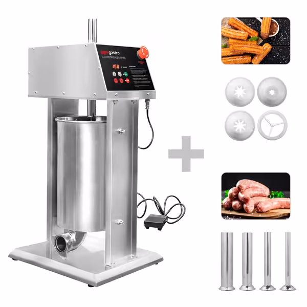 Motorlu Sucuk / Sosis Dolum Makinesi & Churros / Tulumba Şekillendirme Makinesi - 15L - 90W - Paslanmaz Çelik - 4 Dolum Hunisi & 3 Churros Kalıbı Dahil