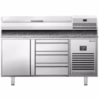 Pizzapult PREMIUM PLUS - 1490x700 mm - 1 ajtó + 3 fiók - feltéthűtővel - 6x GN 1/4 - gránit munkalappal