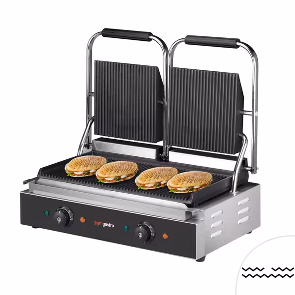 	Grătar de contact / Grătar pentru hamburgeri – 3,6 kW – cu grătare sus și jos – Suprafață de gătit: 485x235 mm