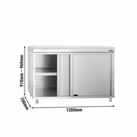Arbetskåp i rostfritt stål PREMIUM - 1200x700 mm - med 2 skjutdörrar - inkl. skärbräda vit