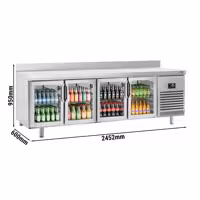 Stół chłodniczy barowy do napojów Premium PLUS – 2452 x 600 mm – z 4 drzwiami szklanymi i rantem