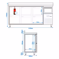 Stół chłodniczy barowy do napojów PREMIUM – 2130 x 600 mm – z 6 szufladami 1/2, rantem i odbijakiem do kawy