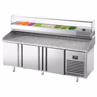 Pizzapult PREMIUM PLUS - 1980x700 mm - 3 ajtó - feltéthűtővel - 9x GN 1/4 - gránit munkalappal