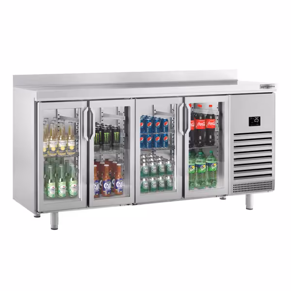 Stół chłodniczy barowy do napojów Premium PLUS – 2452 x 700 mm – z 4 drzwiami szklanymi i rantem