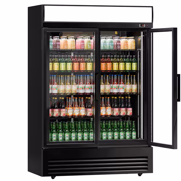 Vitrină frigorifică pentru băuturi - 1295 mm - 880 litri - 2 uși din sticlă batante - afișaj digital - temperatură 2/+8 °C - negru