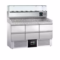 Table réfrigérée à pizza PREMIUM - 1400 x 700 mm - avec 6 tiroirs 1/2 - incl. vitrine réfrigérée avec 6 x GN 1/4