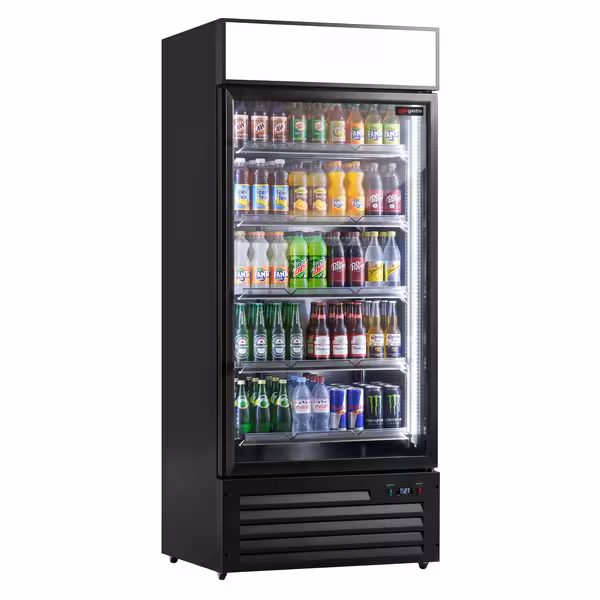 Vitrine réfrigérée à boissons - 800 litres - avec 1 porte vitrée et présentoir publicitaire