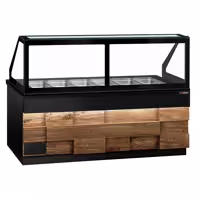 Saladette refrigerata professionale TORONTO - 2550mm - rivestimento frontale in legno - 4 porte - con vetrina in vetro dritto per 6x GN 1/1, 1 ripiano - piano di lavoro in granito